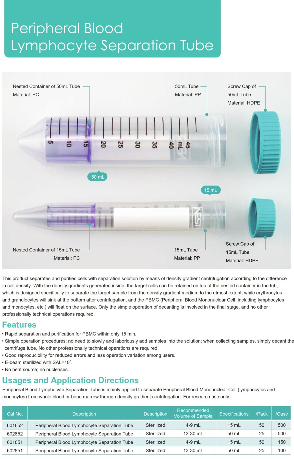 Peripheral Tube Peripheral Blood Lymphocyte Separation Tube / Liquid Transfer / Lab ...