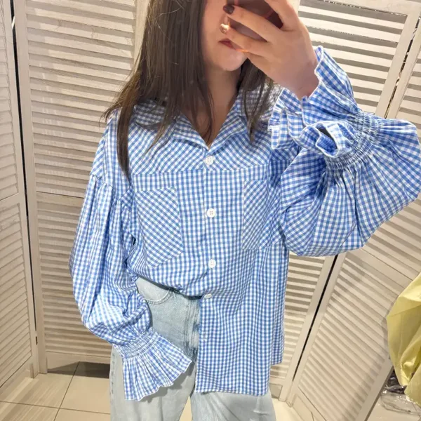 blouse pofmouwen blauw