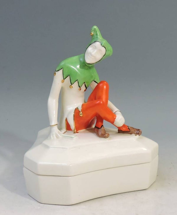 EDUARD EICHLER Royal Dux Tschechoslovakia Art Dèco Deckeldose mit Harlekin um 1920