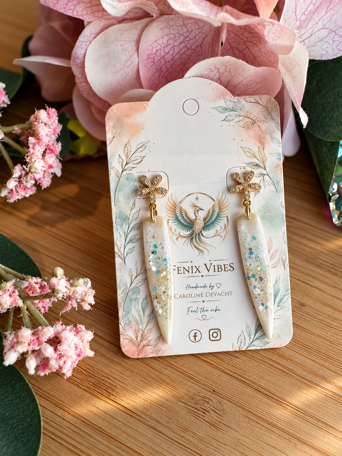 Willow leaf glitter met bloem oorsteker (18k verguld)