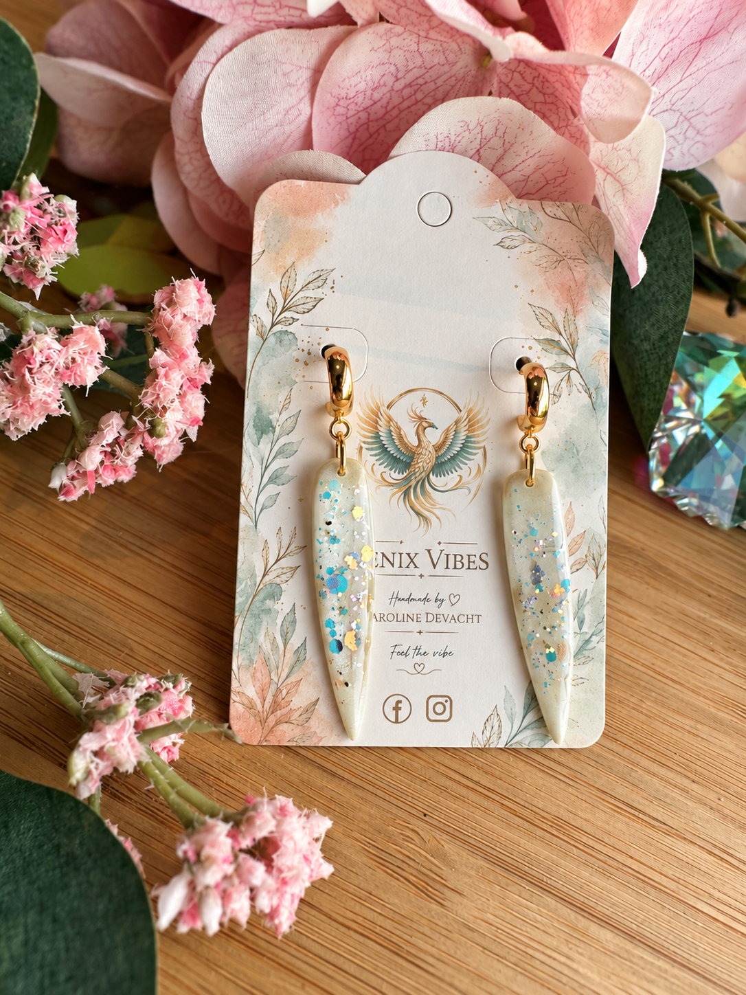 Willow leaf glitter met halve ronde oorsteker 18k verguld