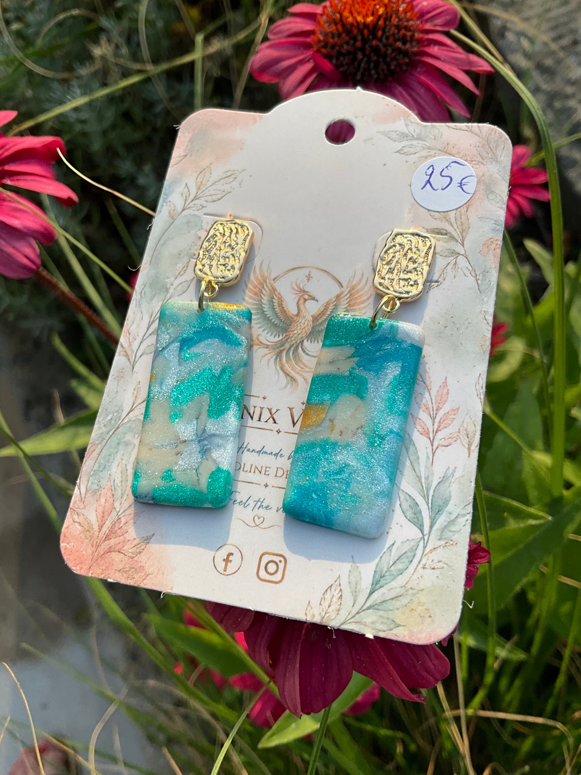 turquoise rechthoek met 18k verguld oorsteker
