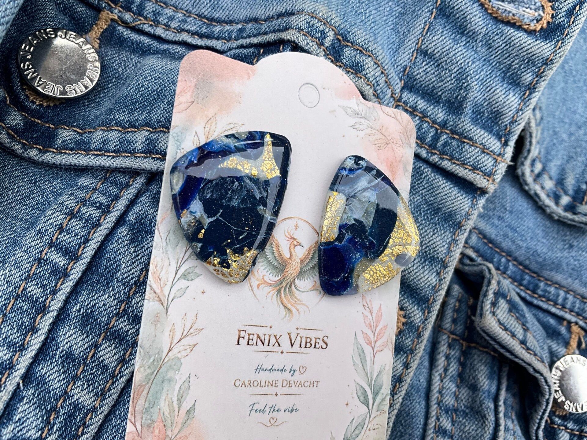 Blue Marble stud groot met bladgoud