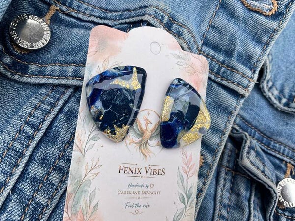 Blue Marble stud groot met bladgoud