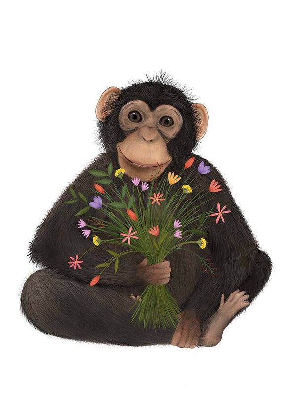 Ansichtkaart - Chimpansee + bloemen (incl. envelop)
