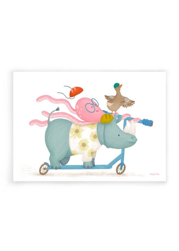 Ansichtkaart - Vriendjes op de step