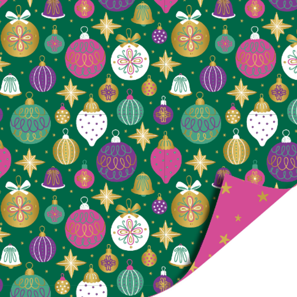 Inpakpapier - Kerst ornamenten groen/roze | 70 cm breed