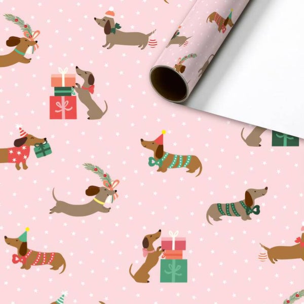 Inpakpapier - Kerst teckel roze | 70 cm breed