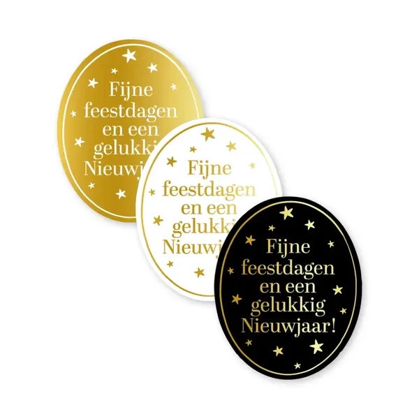 Sticker - Fijne feestdagen en een gelukkig nieuwjaar zwart/wit/goud (5 stuks)