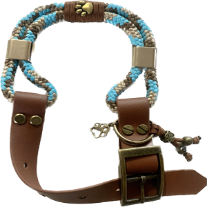 Collier biothane et corde tricolore turquoise marron et beige