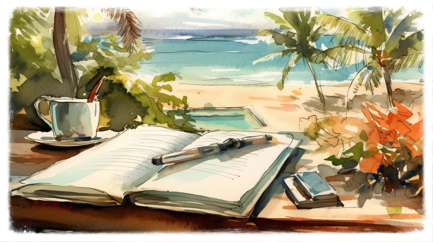 watercolor beach with book and pen