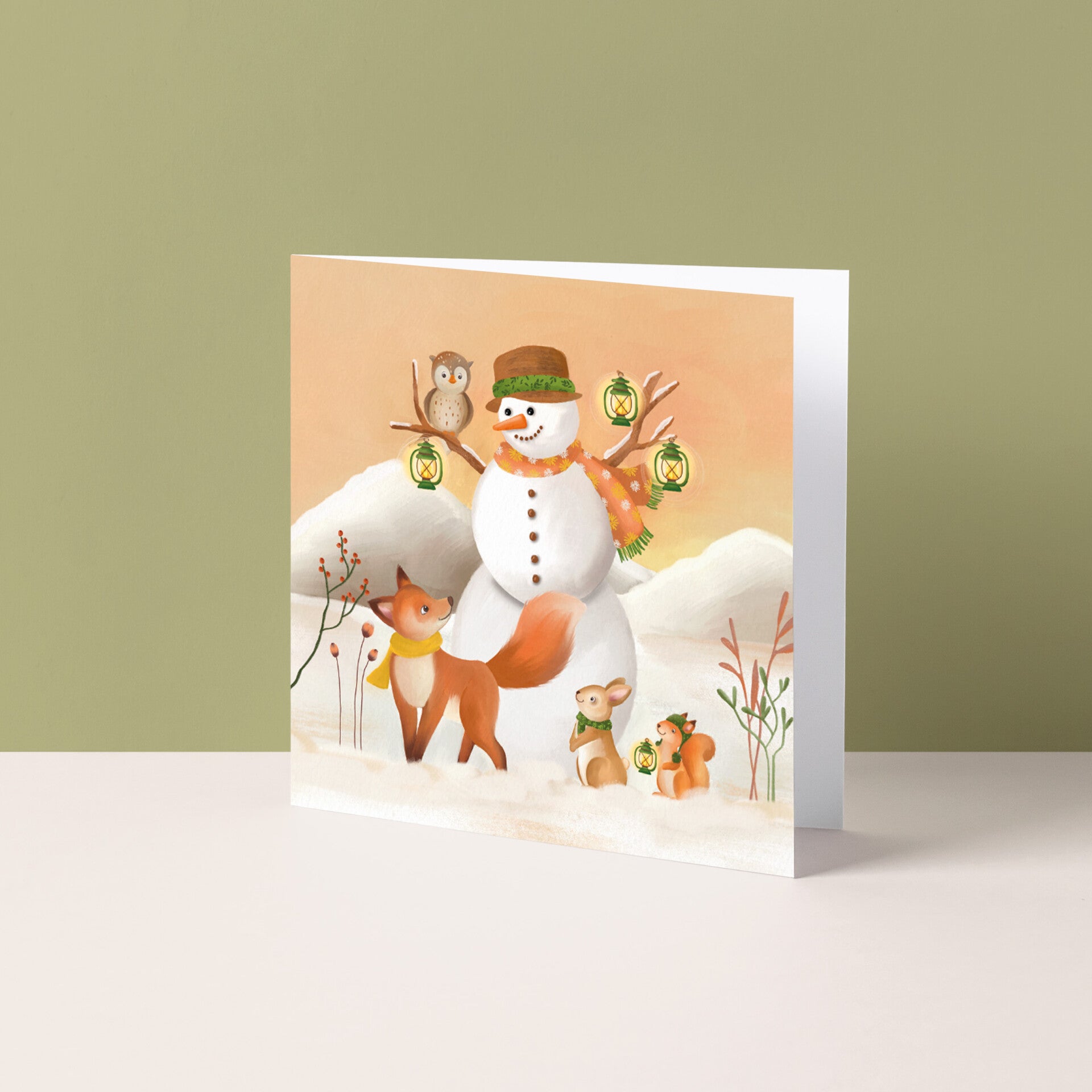 Wenskaart "Sneeuwpop en vriendjes"
