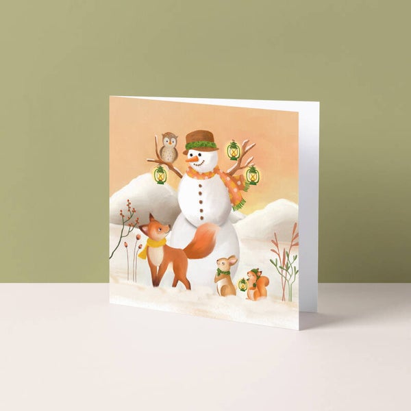 Wenskaart "Sneeuwpop en vriendjes"