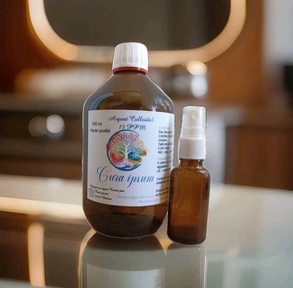 Argent colloïdal 15ppm - Lot : 500 ml + Flacon vide 30 ml spray - Haute qualité - Cura ipsum