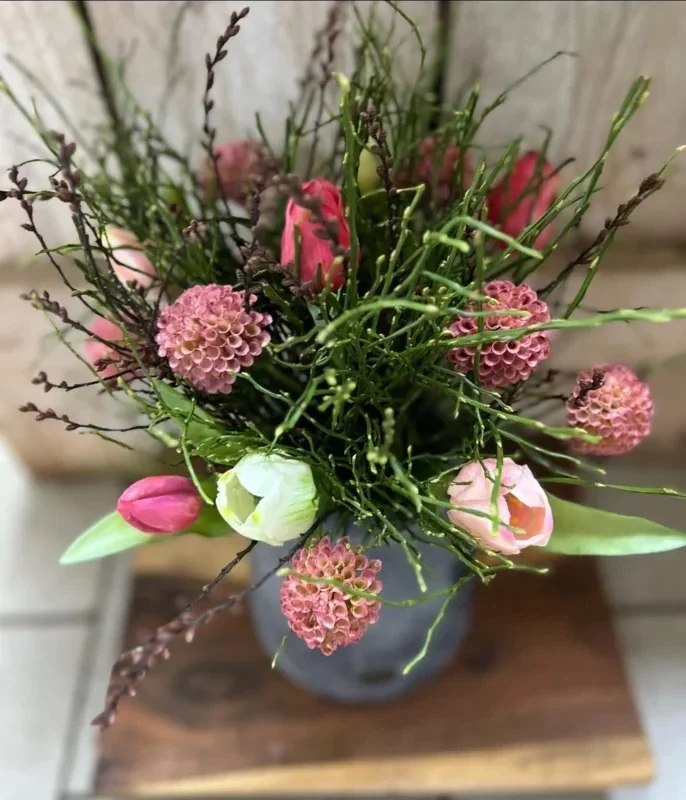 Zijden Tulpen/Dahlia boeketje:  gemengd boeket