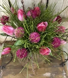 Zijden Tulpen/Dahlia boeketje:  boeket donker roze