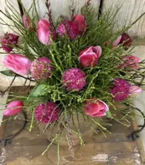 Zijden Tulpen/Dahlia boeketje:  boeket donker roze