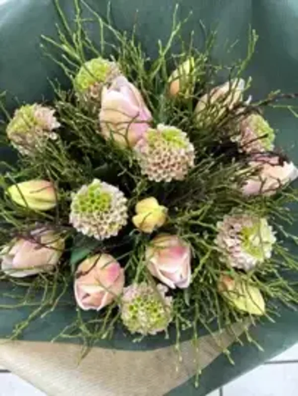 Zijden Tulpen/Dahlia boeketje:  boeket zalm