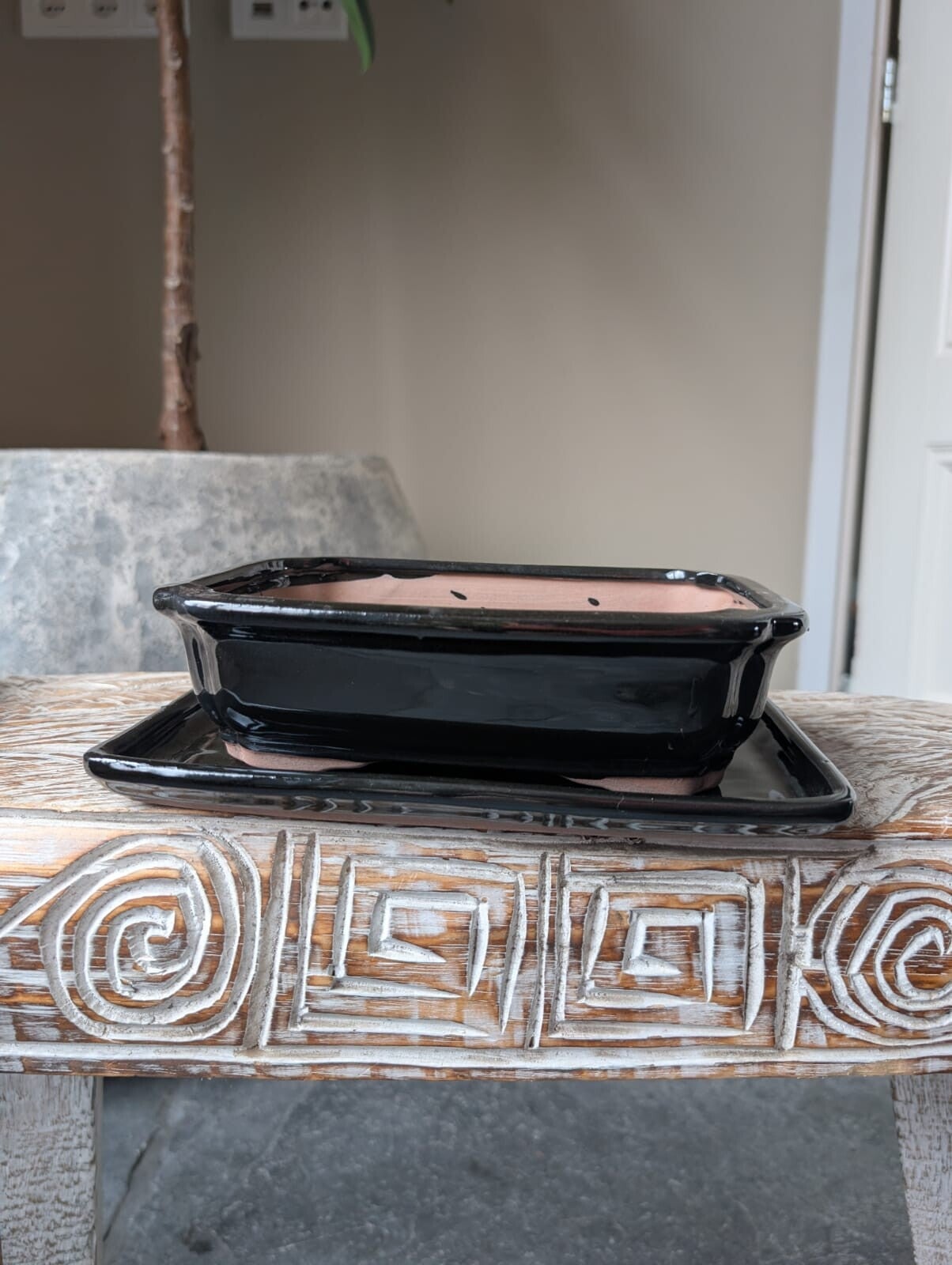 Bonsai pot 21.2 x 16 x 5.7 met schotel zwart Geglazuurd