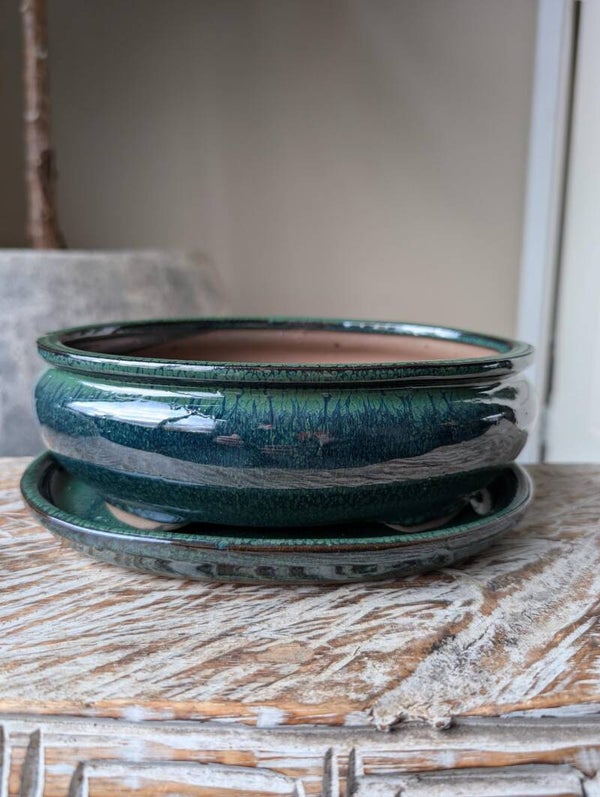 Bonsai pot 21 x 16 x 7 met schotel Geglazuurd Groen