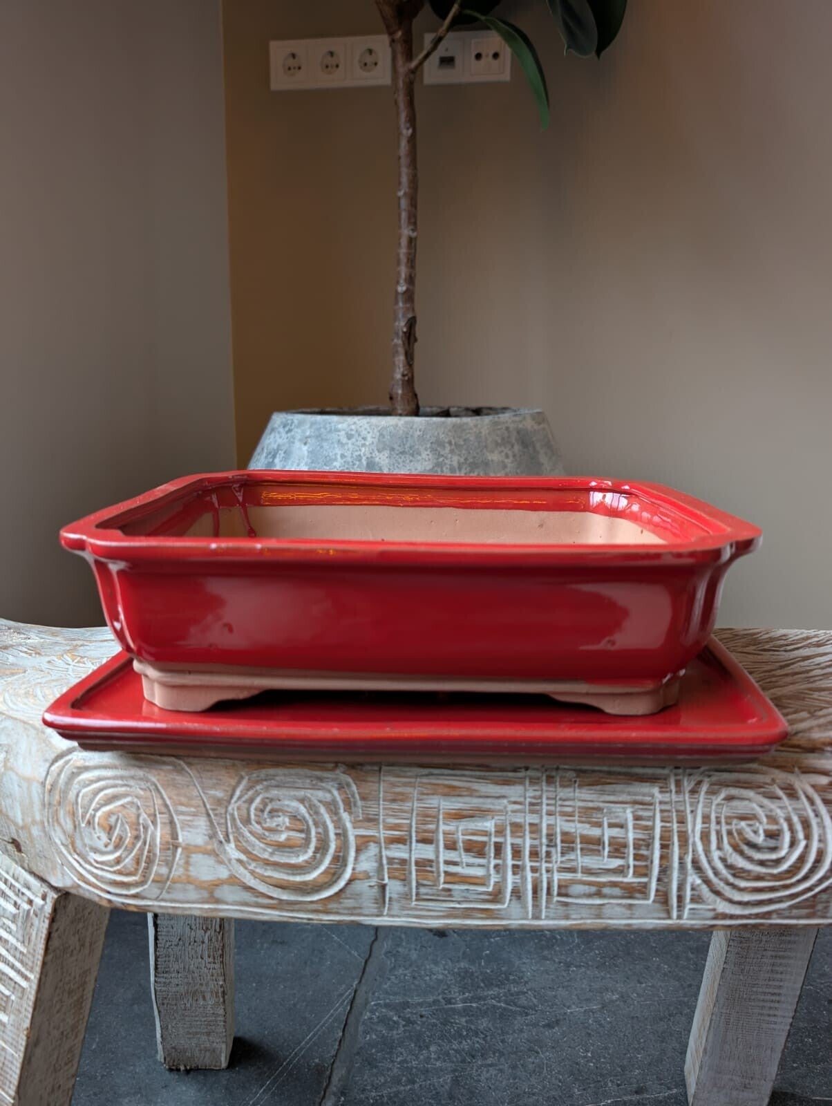 Bonsai pot 31 x 24.6 x 8 met schotel Rood Geglazuurd