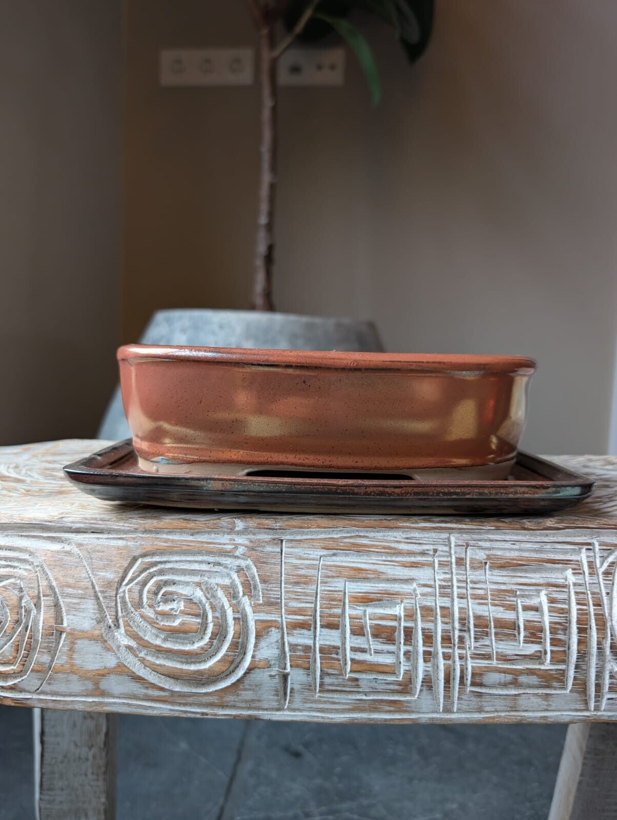 Bonsai Pot 22 x 17 x 6.5 geglazuurd koperkleur met schotel