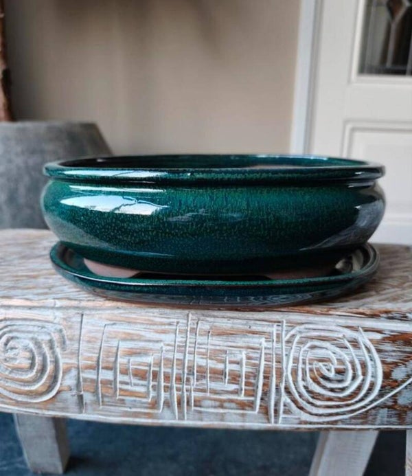 Bonsai pot geglazuurd groen ovaal met schotel 27 x 22  x  8