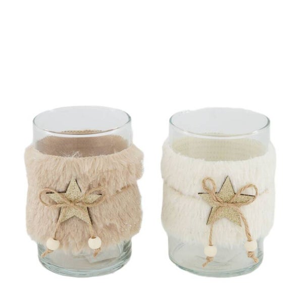 Theelichthouder glass 8x8x12cm Cream/Brown