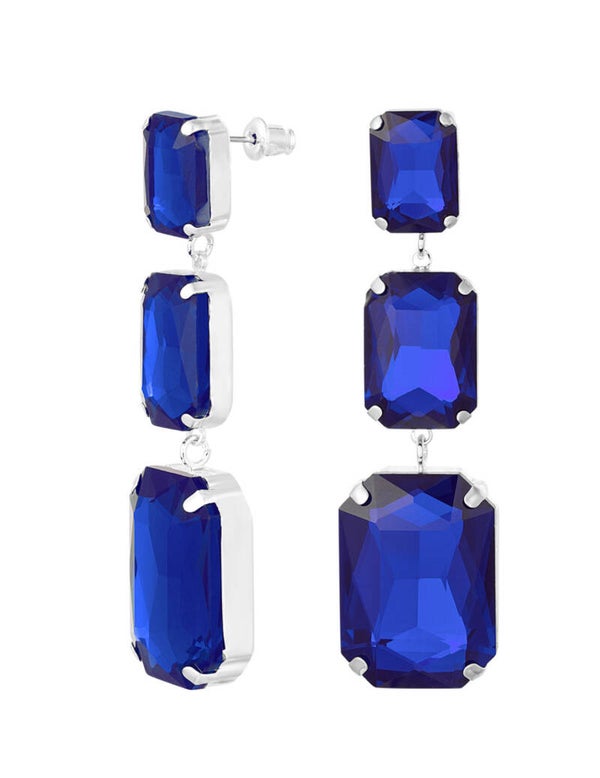 Oorbellen 3 glaskralen blauw/zilver