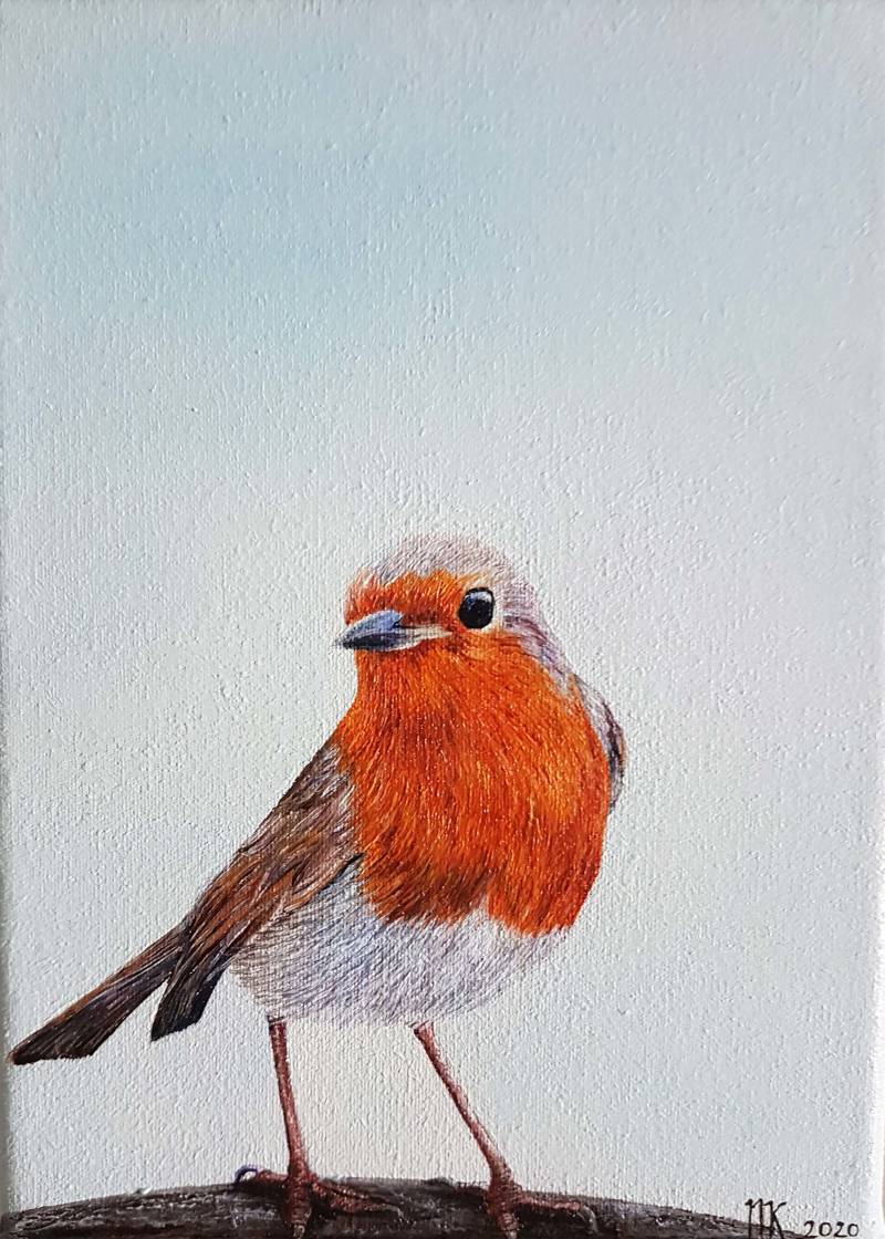 Totemdier Roodborstje olieverf op  canvas.