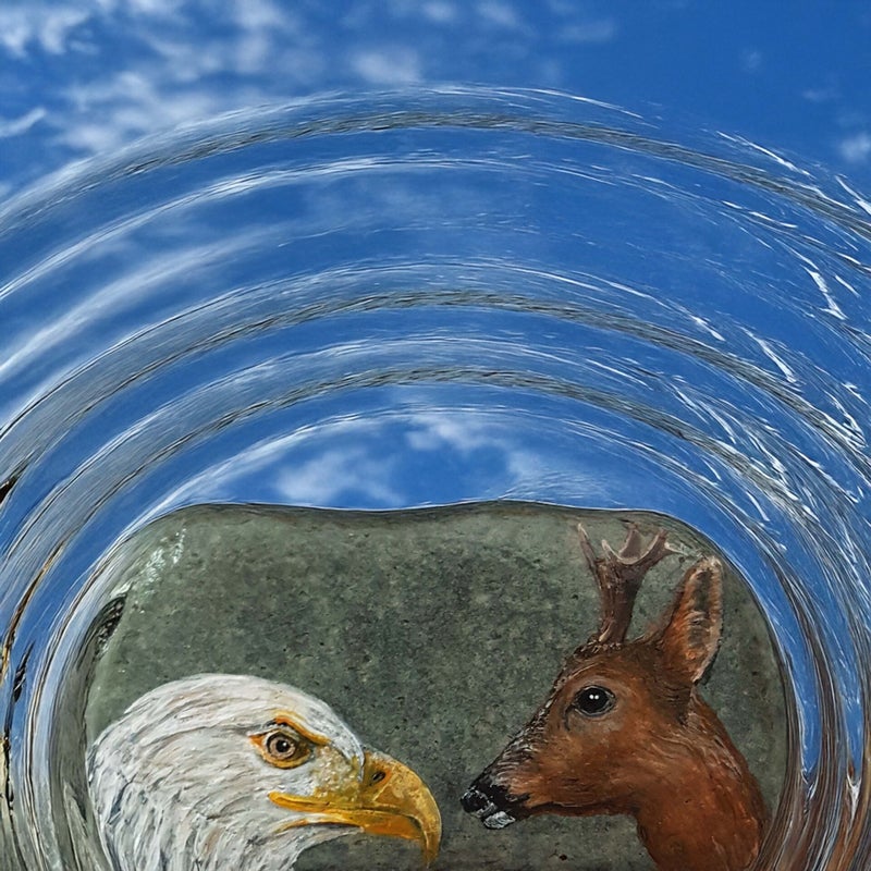 Totemdieren Adelaar en Hert geschilderd op steen.