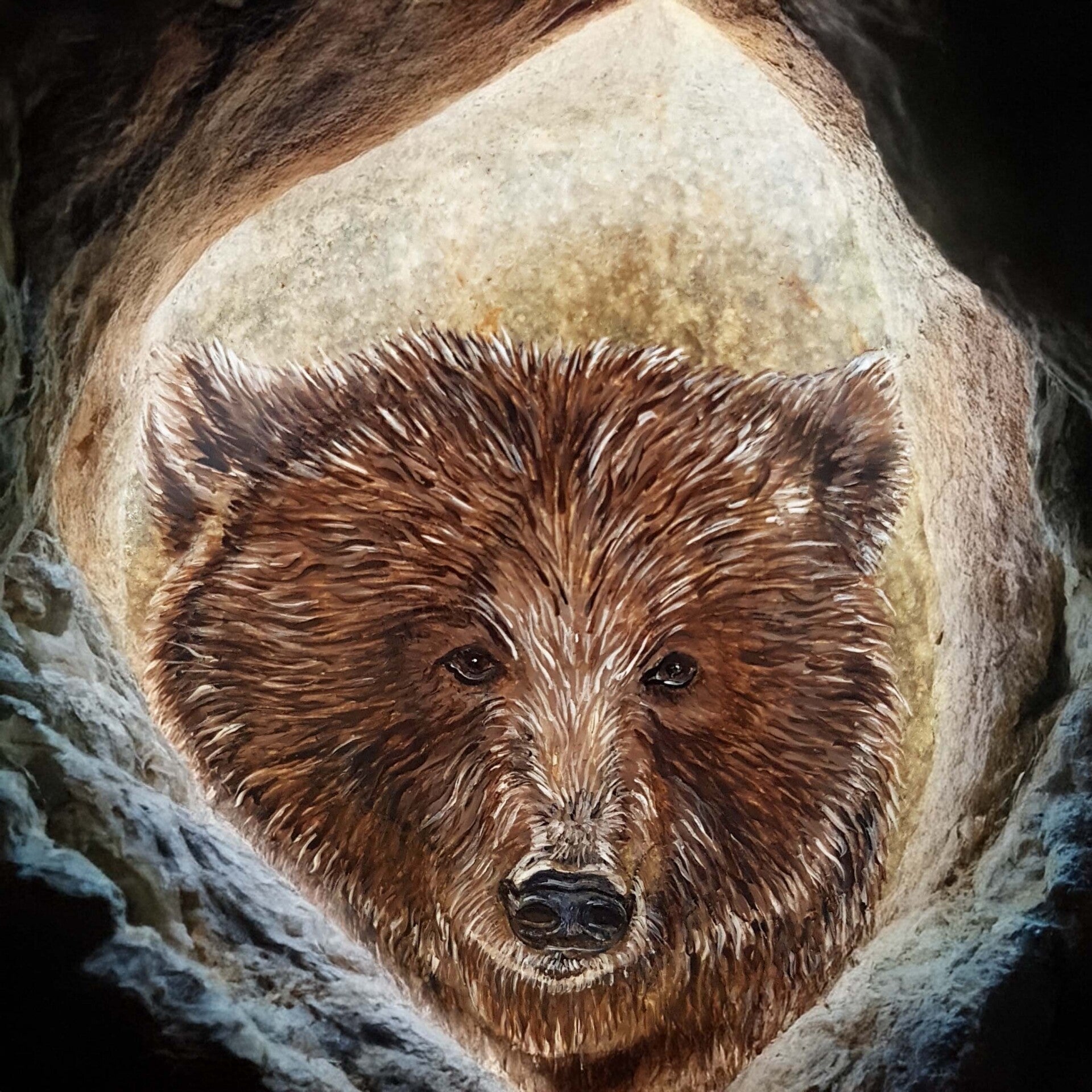 Totemdier Beer geschilderd op steen.