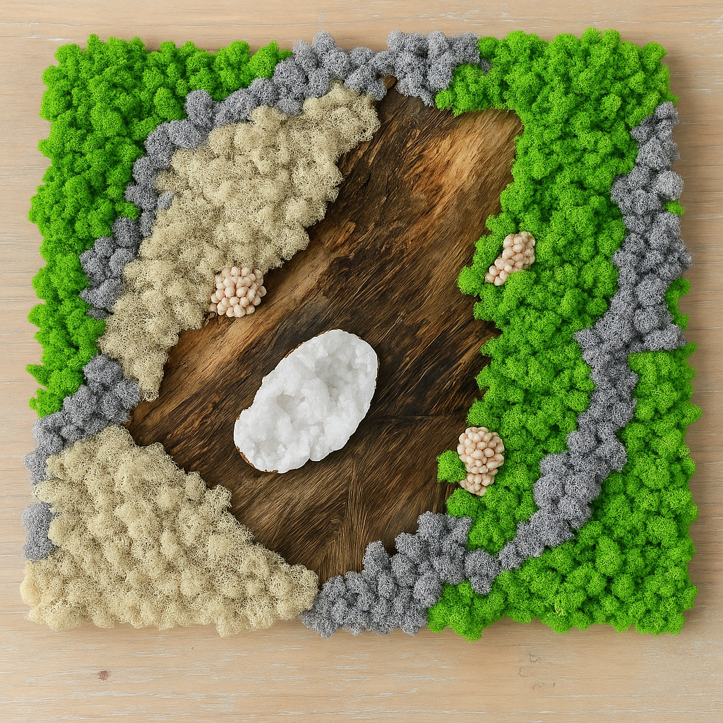 Moss Art – Handgemaakt Schilderij met Mos, Hout & Kristalstenen (80×80 cm)