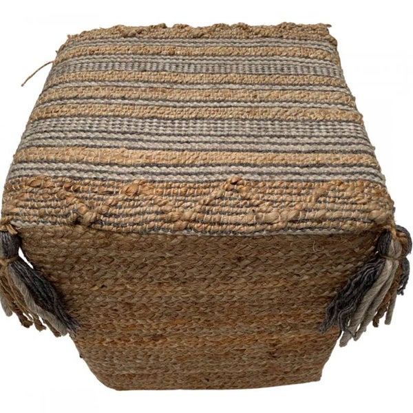 Poef vierkant geweven jute wol PET grijs wit 40x40hg40cm