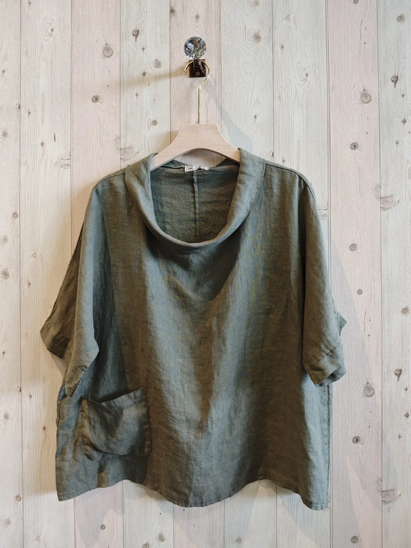 LINEN & MORE | bloese boothals 100% linnen | kaki | one size