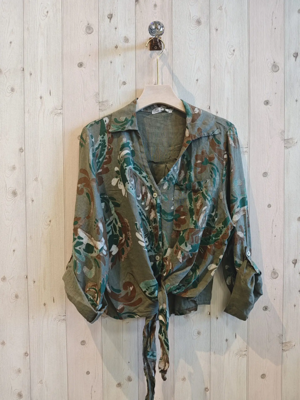 LINEN & MORE | bloese met prints + strik 100% linnen | kaki | one size