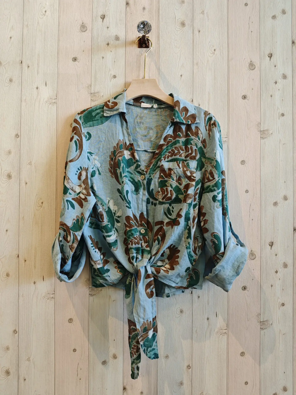 LINEN & MORE | bloese met prints + strik 100% linnen | hemelsblauw | one size