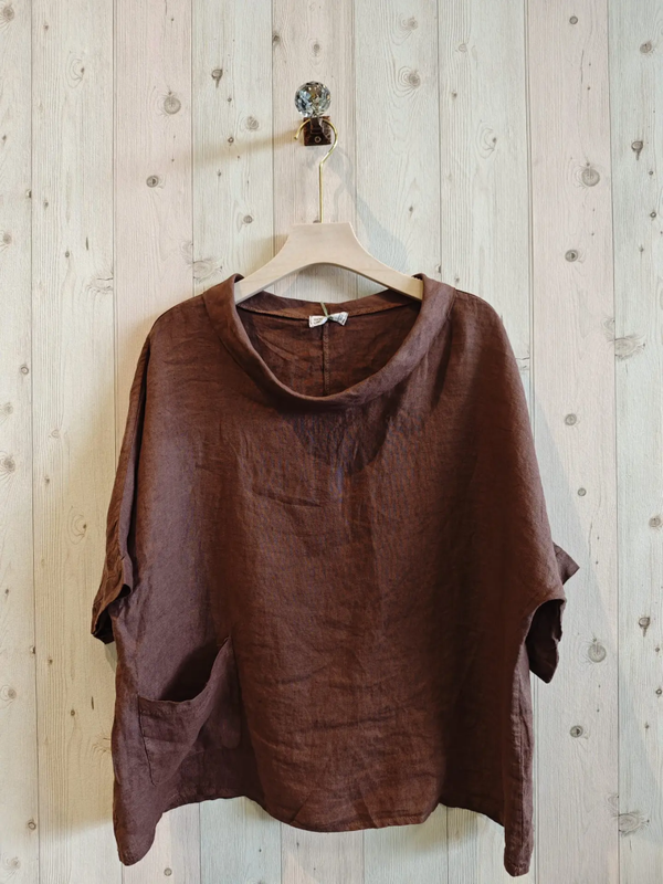 LINEN & MORE | bloese boothals 100% linnen | bruin | one size