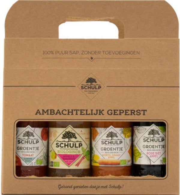 Schulp Giftset Appel Rabarbersap, Tomatensap, Wortel/Sinaasappelsap & Rose Biet Appelsap bio (4x200ml)