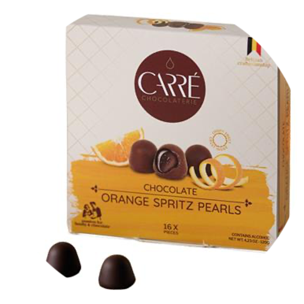 CARRÉ CHOC. ORANGE SPRITZ PEARLS GIFTBOX 12X120G Art nr. 56005