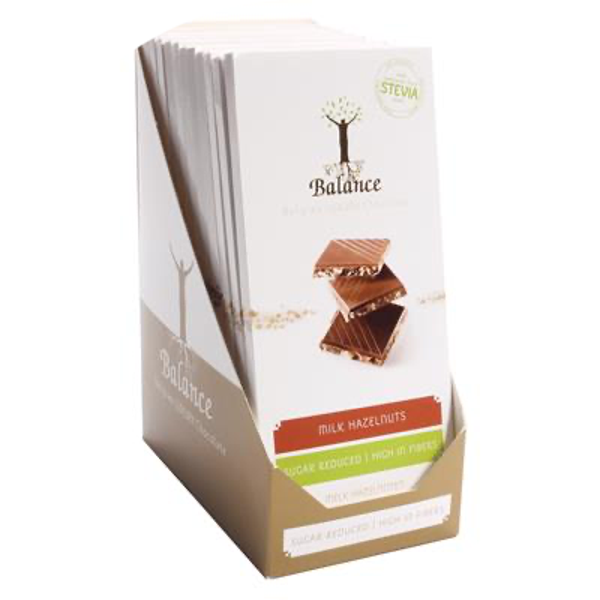Display 12 BALANCE STEVIA LUXE TABL.MELK HAZELNOOT 85G verp 24