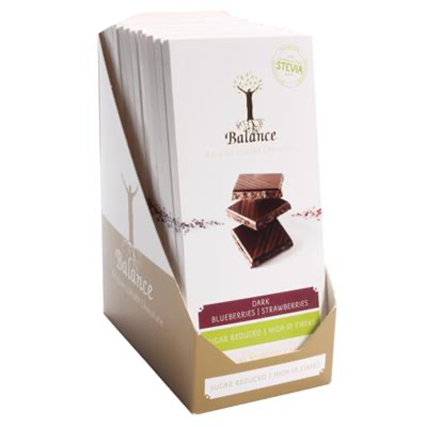 Display 12 BALANCE STEVIA LUXE TABL.PUUR BOS & AARDBEI 85G verp 24