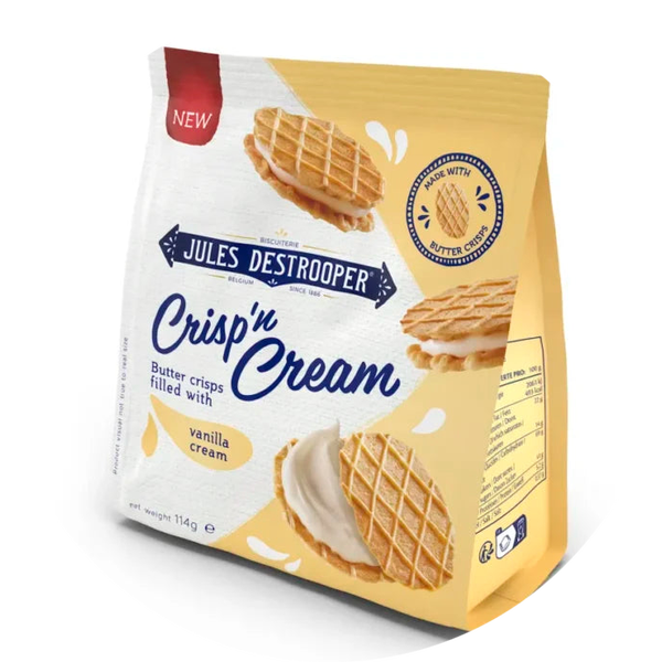 Jules Destrooper Crisp 'n Cream Natuurboterwafels vanille 114g Verp 8 collie