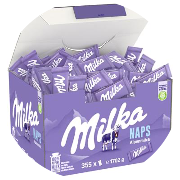 Display MILKA NAPS ALPINE MELK FLOWPACK Desplay 355 STUKS 1,70KG Art nr. 30207