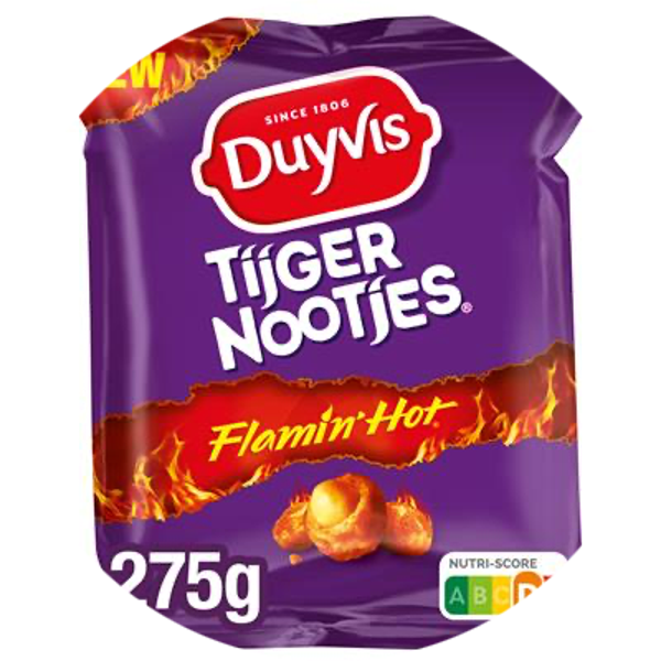 DUYVIS TIJGERNOOTJES FLAMIN HOT PINDA NOTEN 8X275G Art nr. 55010