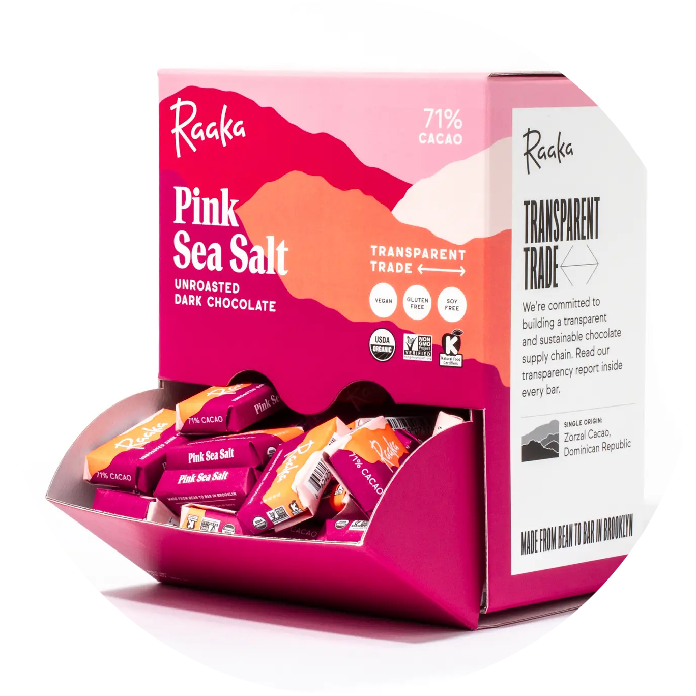 Display 100 Mini chocoladerepen met 71% roze zeezout (100 stuks in doos)