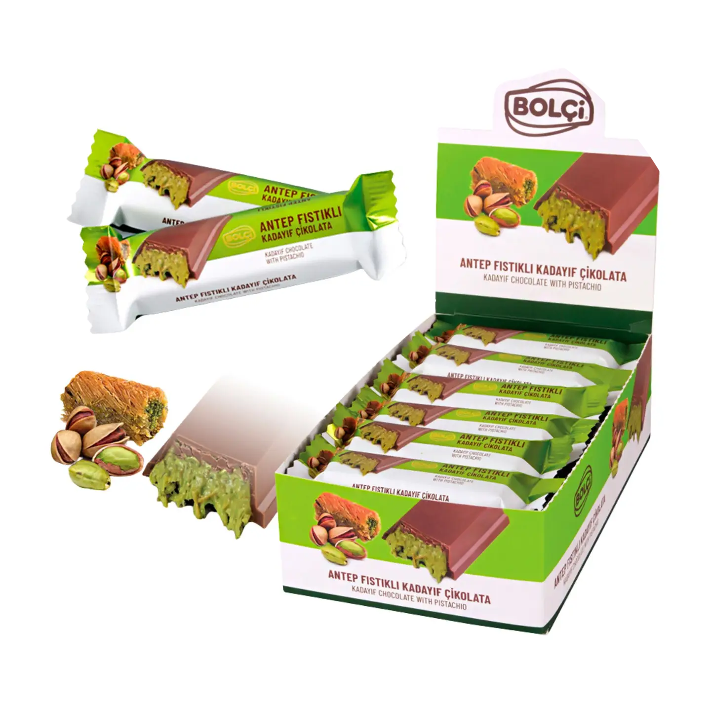 Display 24 Chocolade Dubai pistache - reep - 30 gr Ver 48