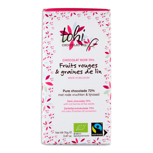 70g tablet - pure chocolade 72% met rode vruchten en lijnzaad Verp 15