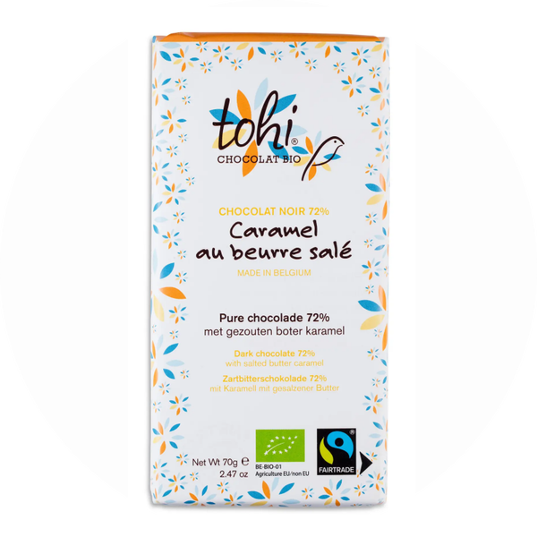Chocoladereep 70 g – Donkere chocolade 72% met gezouten boterkaramel Verp 15