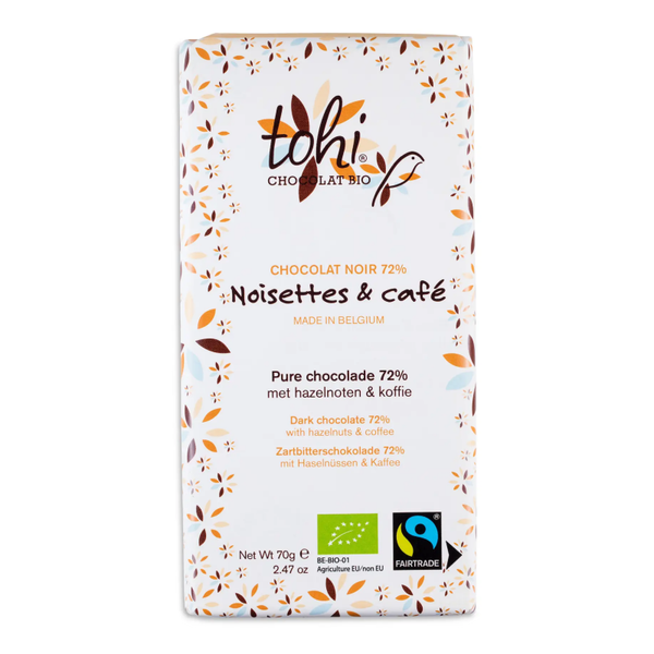 Tohi biologische pure chocolade 70g - 72% cacao met hazelnoten en koffie Verp 15